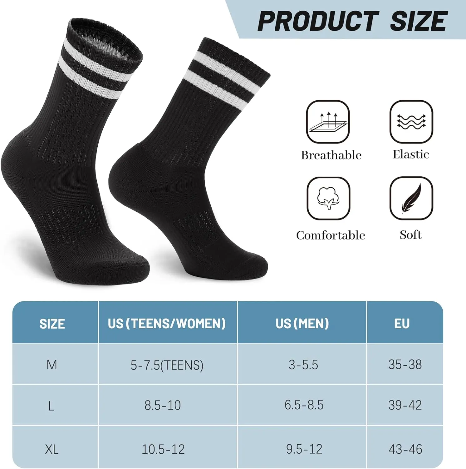 Ultrafun 5 Pairs Striped Crew Socks Cotton Cushioned Athletic Sports Running Socks for Men Women Teens