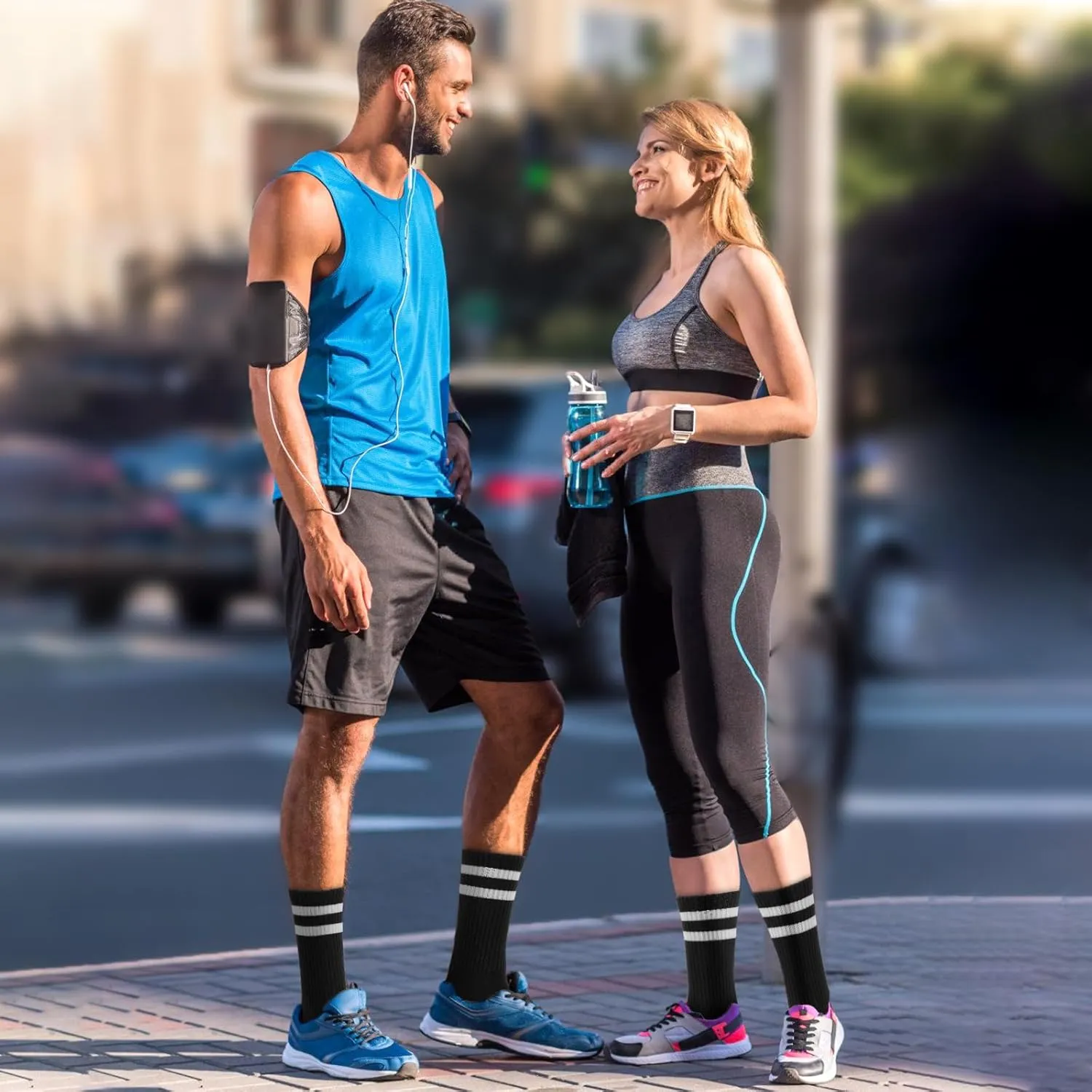 Ultrafun 5 Pairs Striped Crew Socks Cotton Cushioned Athletic Sports Running Socks for Men Women Teens