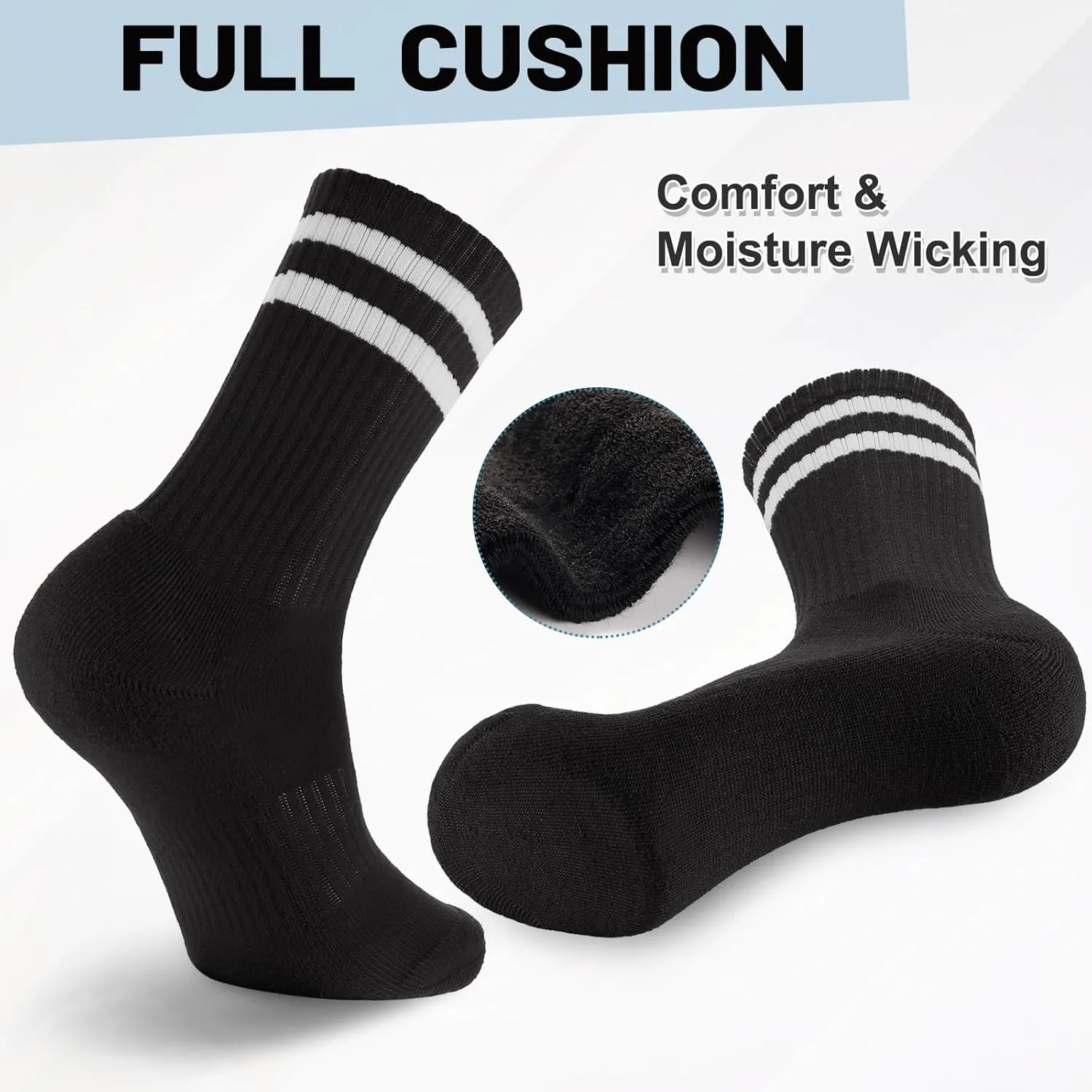 Ultrafun 5 Pairs Striped Crew Socks Cotton Cushioned Athletic Sports Running Socks for Men Women Teens