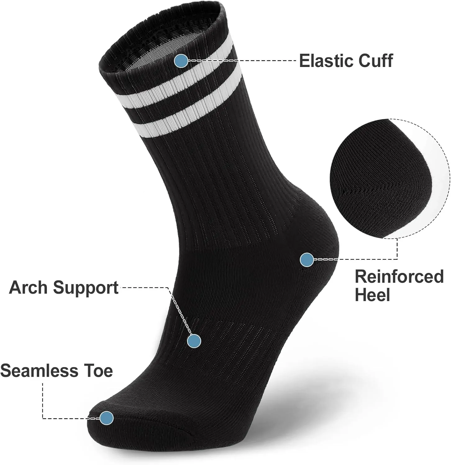 Ultrafun 5 Pairs Striped Crew Socks Cotton Cushioned Athletic Sports Running Socks for Men Women Teens