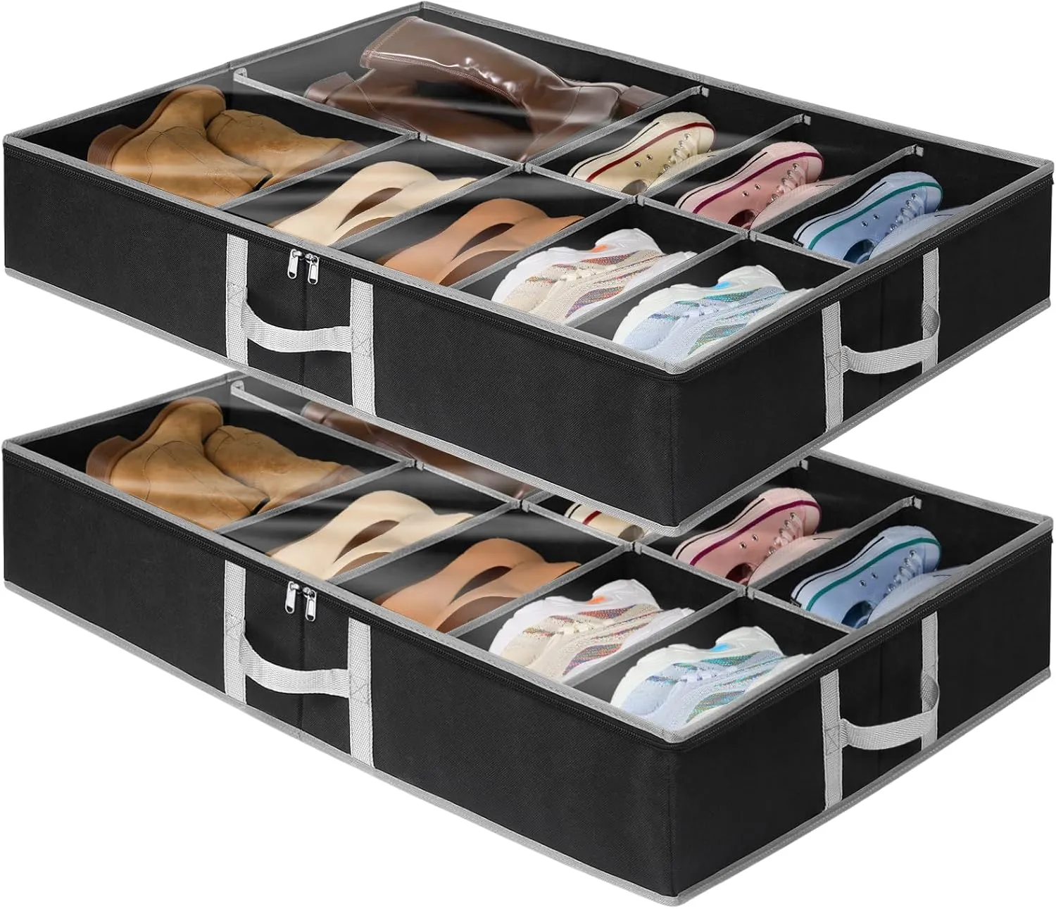 Under Bed Shoe Storage, 2 Pack Adjustable Adhesive Strap Shoe Organizer Under Bed With Bottom & Side Support, Sturdy Structure Underbed Shoe Storage Container, Space-Saving Shoe Box