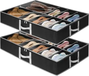 Under Bed Shoe Storage, 2 Pack Adjustable Adhesive Strap Shoe Organizer Under Bed With Bottom & Side Support, Sturdy Structure Underbed Shoe Storage Container, Space-Saving Shoe Box