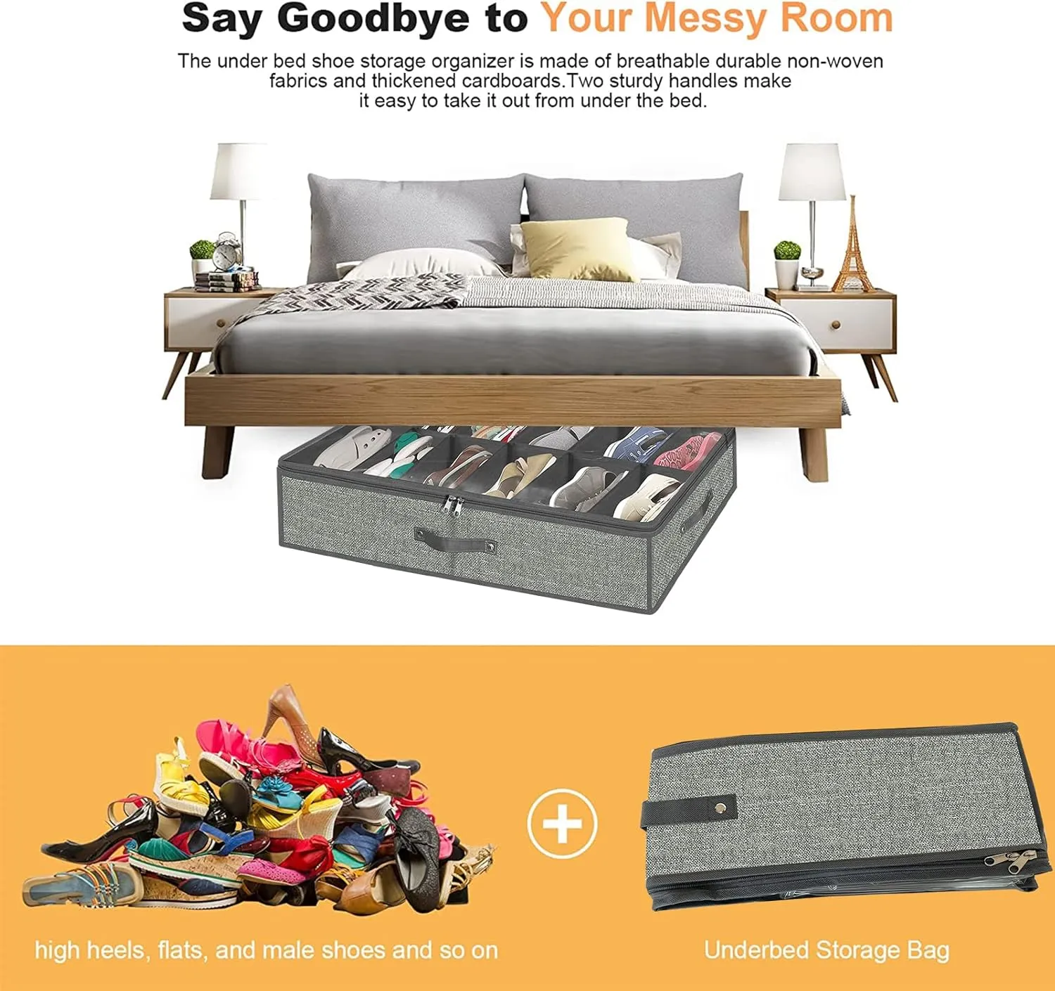 Under Bed Shoe Storage Organizer for Closet Fits 24 Pairs-Sturdy Underbed Shoe Containers Boxes Organizador De Zapatos with Clear Cover,Set of 2, 29.3 x 23.6 x 5.9inch (Linen-like Grey)