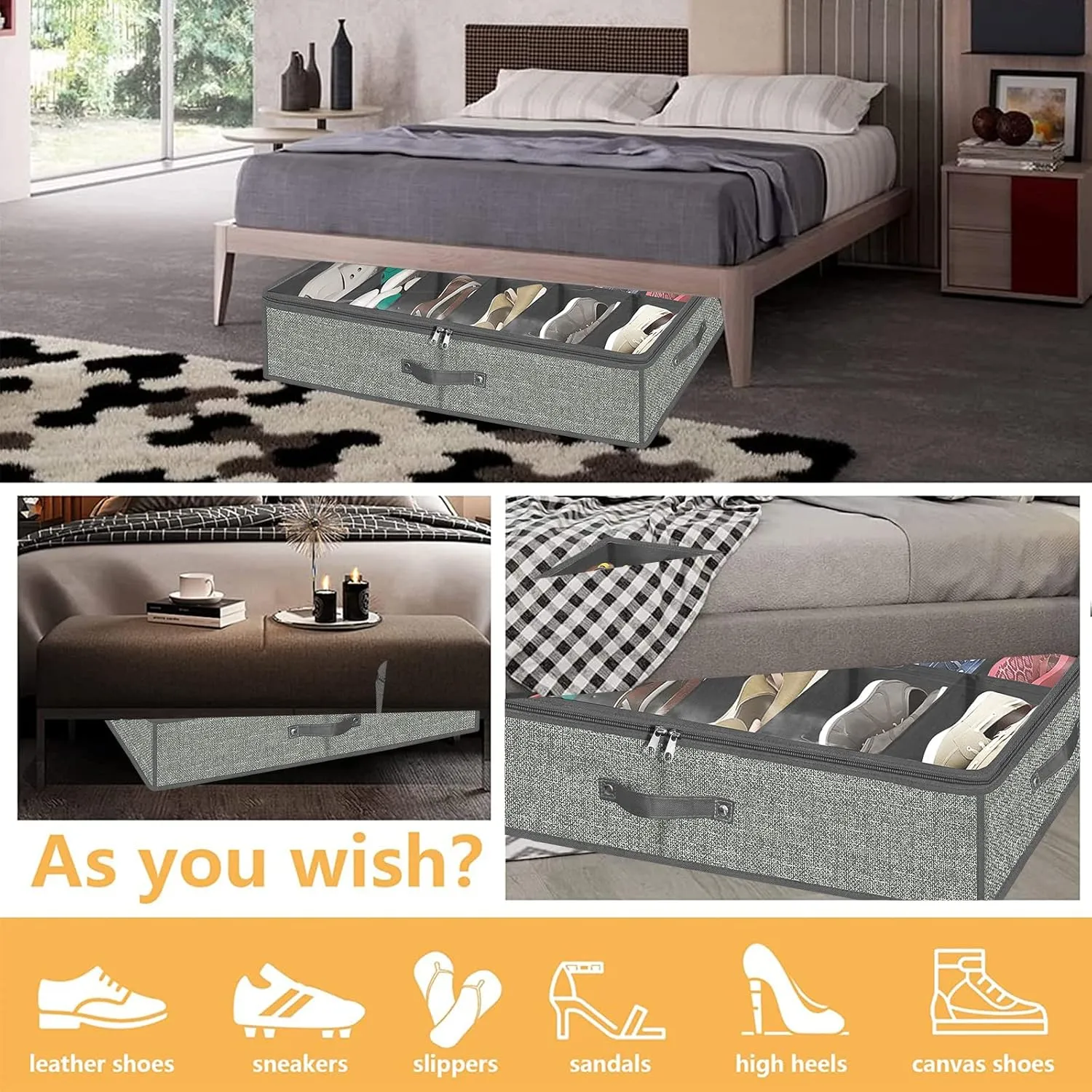 Under Bed Shoe Storage Organizer for Closet Fits 24 Pairs-Sturdy Underbed Shoe Containers Boxes Organizador De Zapatos with Clear Cover,Set of 2, 29.3 x 23.6 x 5.9inch (Linen-like Grey)