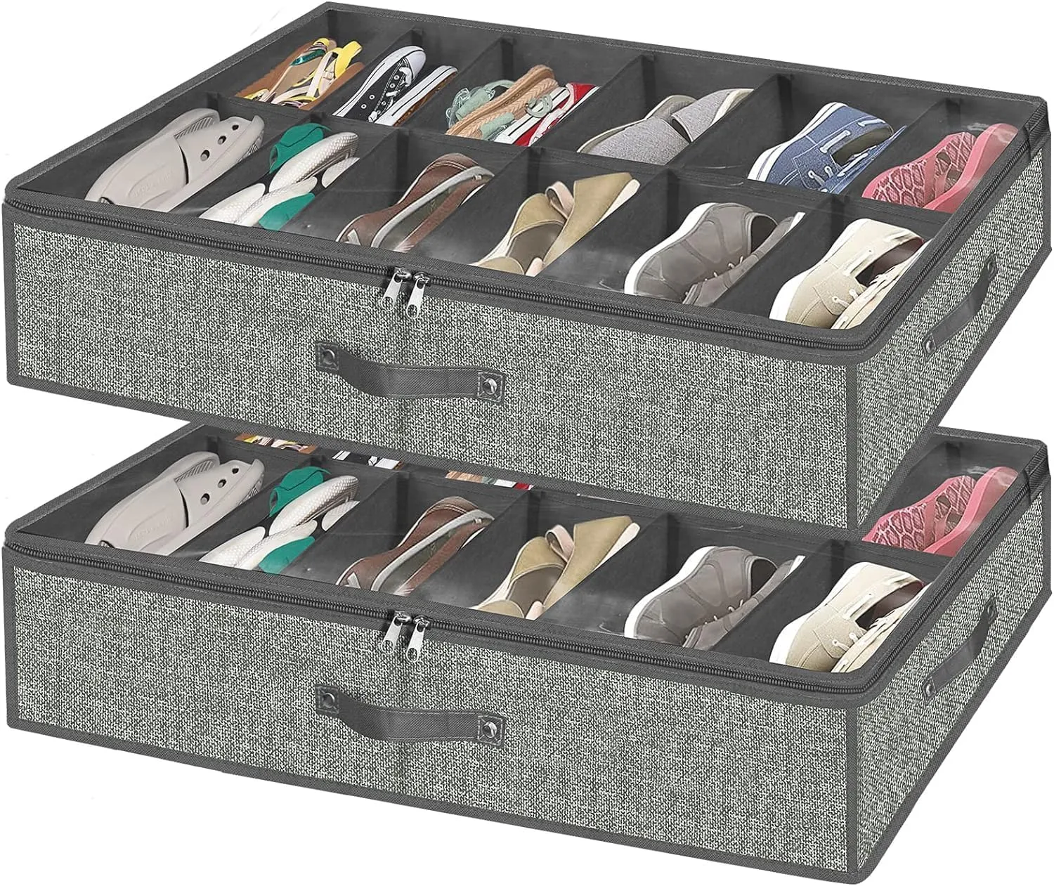 Under Bed Shoe Storage Organizer for Closet Fits 24 Pairs-Sturdy Underbed Shoe Containers Boxes Organizador De Zapatos with Clear Cover,Set of 2, 29.3 x 23.6 x 5.9inch (Linen-like Grey)