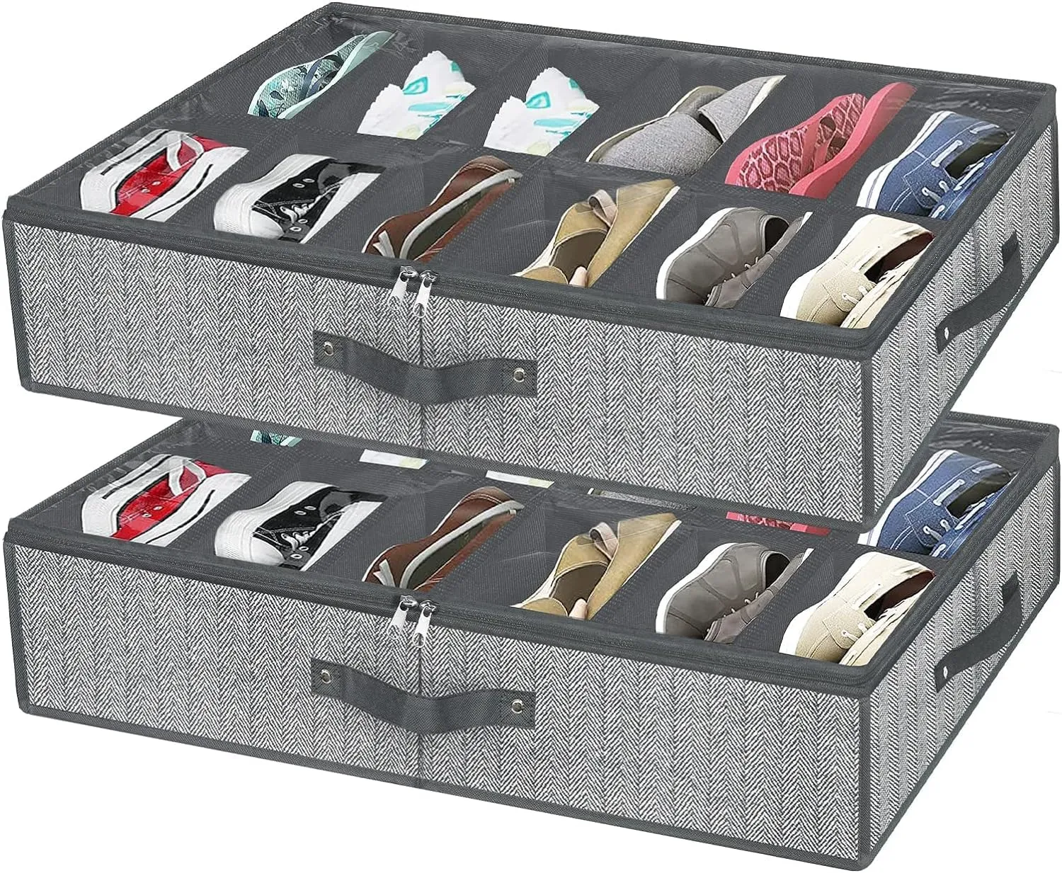 Under Bed Shoe Storage Organizer for Closet Fits 24 Pairs-Sturdy Underbed Shoe Containers Boxes Organizador De Zapatos with Clear Cover,Set of 2, 29.3 x 23.6 x 5.9inch(Herringbone Grey)