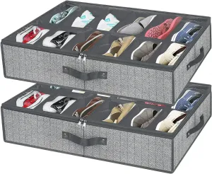 Under Bed Shoe Storage Organizer for Closet Fits 24 Pairs-Sturdy Underbed Shoe Containers Boxes Organizador De Zapatos with Clear Cover,Set of 2, 29.3 x 23.6 x 5.9inch(Herringbone Grey)