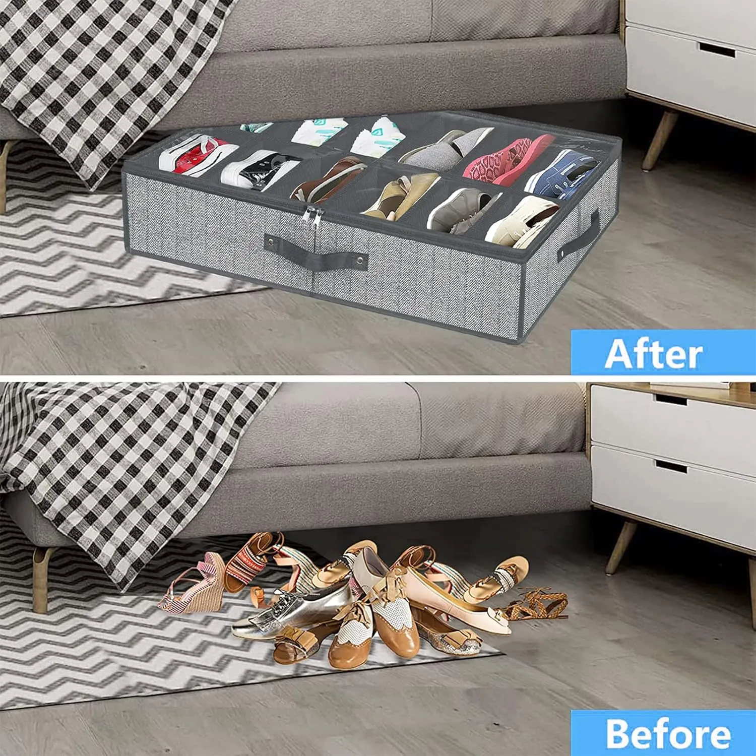 Under Bed Shoe Storage Organizer for Closet Fits 24 Pairs-Sturdy Underbed Shoe Containers Boxes Organizador De Zapatos with Clear Cover,Set of 2, 29.3 x 23.6 x 5.9inch(Herringbone Grey)