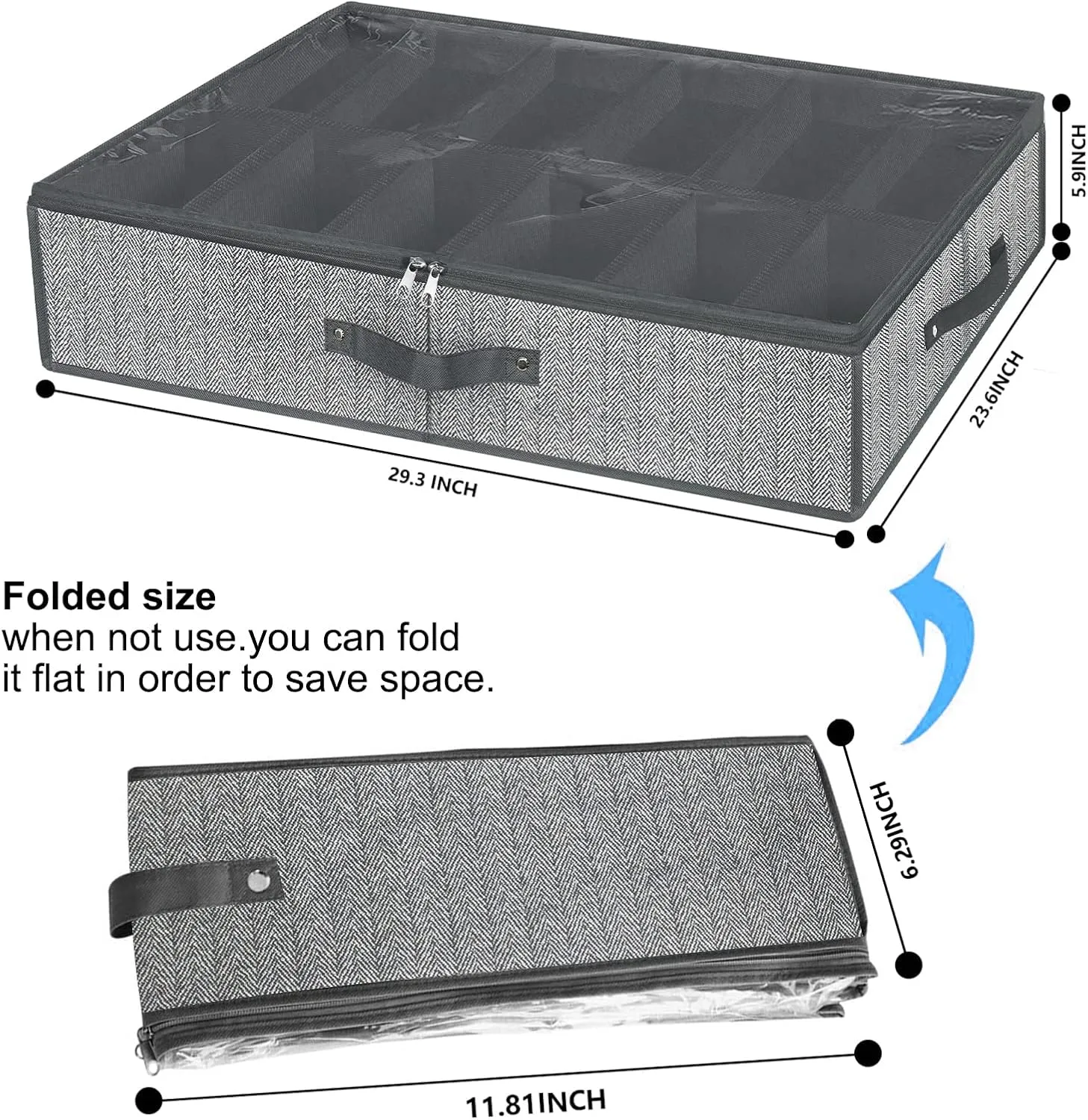 Under Bed Shoe Storage Organizer for Closet Fits 24 Pairs-Sturdy Underbed Shoe Containers Boxes Organizador De Zapatos with Clear Cover,Set of 2, 29.3 x 23.6 x 5.9inch(Herringbone Grey)