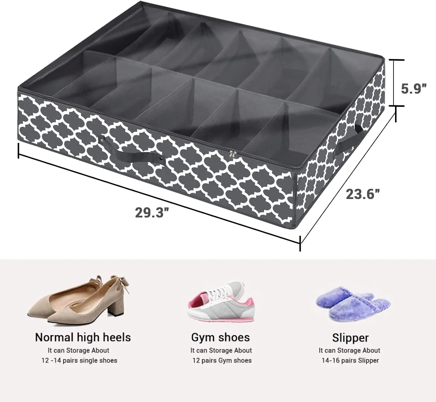 Under Bed Shoe Storage Organizer - Sturdy Shoe Containers with Clear Cover & Zippers, 2 Pack Fits 24 Pairs, Breathable Fabric Underbed Storage Solution for Sneakers, Slippers, Closet, Cabinet, Grey