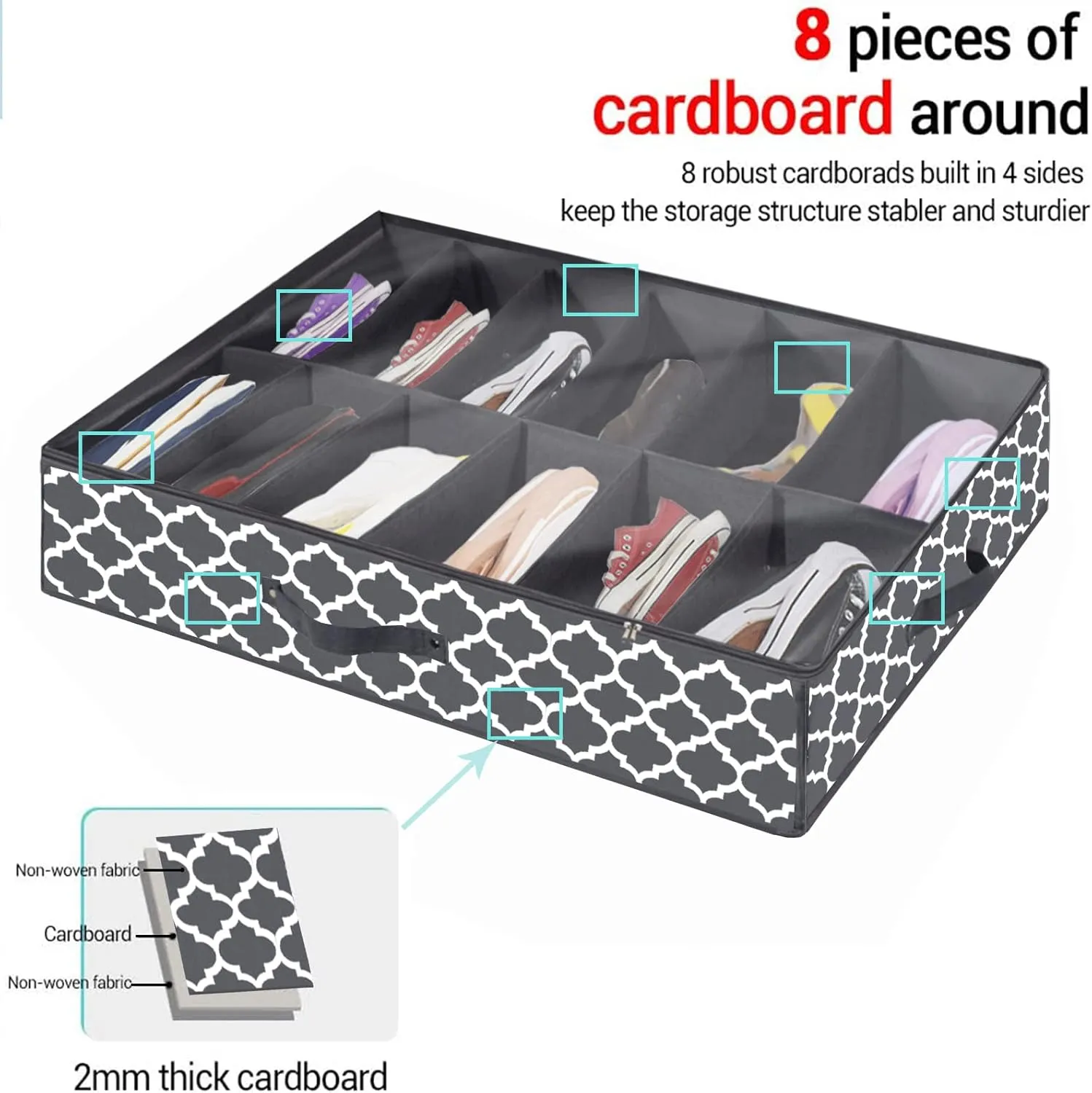 Under Bed Shoe Storage Organizer - Sturdy Shoe Containers with Clear Cover & Zippers, 2 Pack Fits 24 Pairs, Breathable Fabric Underbed Storage Solution for Sneakers, Slippers, Closet, Cabinet, Grey