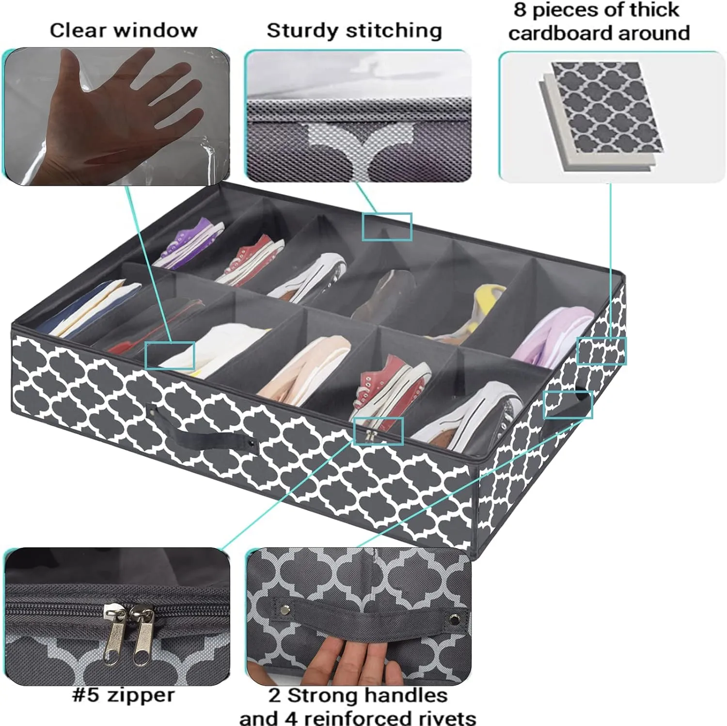 Under Bed Shoe Storage Organizer - Sturdy Shoe Containers with Clear Cover & Zippers, 2 Pack Fits 24 Pairs, Breathable Fabric Underbed Storage Solution for Sneakers, Slippers, Closet, Cabinet, Grey