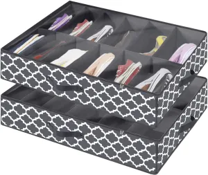 Under Bed Shoe Storage Organizer - Sturdy Shoe Containers with Clear Cover & Zippers, 2 Pack Fits 24 Pairs, Breathable Fabric Underbed Storage Solution for Sneakers, Slippers, Closet, Cabinet, Grey
