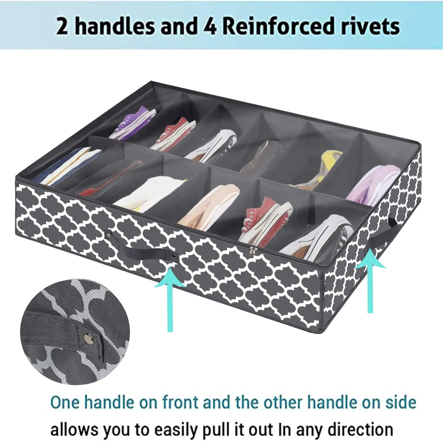 Under Bed Shoe Storage Organizer - Sturdy Shoe Containers with Clear Cover & Zippers, 2 Pack Fits 24 Pairs, Breathable Fabric Underbed Storage Solution for Sneakers, Slippers, Closet, Cabinet, Grey