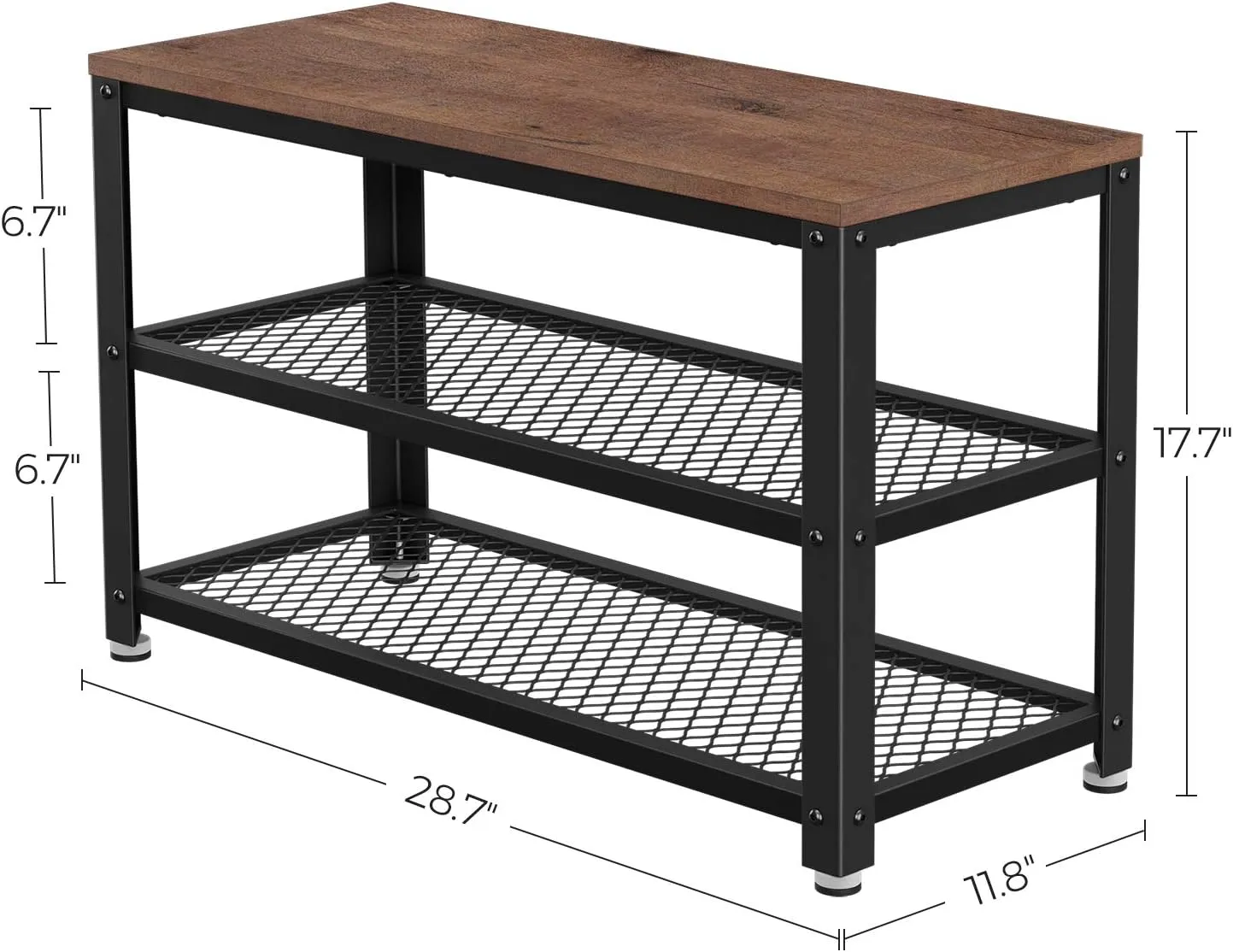 VASAGLE, 3-Tier Shoe Rack, Shelf Storage Bench with Metal Mesh Shelves and Seat, Free Standing Shoe Organizer for Entryway, 11.8 x 28.7 x 17.7 Inches, Hazelnut Brown and Black ULBS073B03
