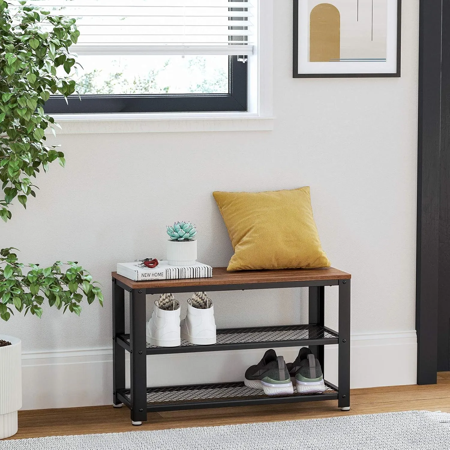 VASAGLE, 3-Tier Shoe Rack, Shelf Storage Bench with Metal Mesh Shelves and Seat, Free Standing Shoe Organizer for Entryway, 11.8 x 28.7 x 17.7 Inches, Hazelnut Brown and Black ULBS073B03