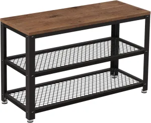 VASAGLE, 3-Tier Shoe Rack, Shelf Storage Bench with Metal Mesh Shelves and Seat, Free Standing Shoe Organizer for Entryway, 11.8 x 28.7 x 17.7 Inches, Hazelnut Brown and Black ULBS073B03