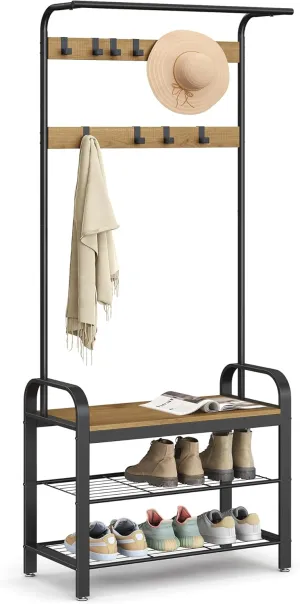 VASAGLE Coat Rack, Hall Tree with Shoe Bench for Entryway, Entryway Bench with Coat Rack, 4-in-1, with 9 Removable Hooks, a Hanging Rod, 13.3 x 28.3 x 72.1 Inches, Honey Brown and Black UHSR040B05