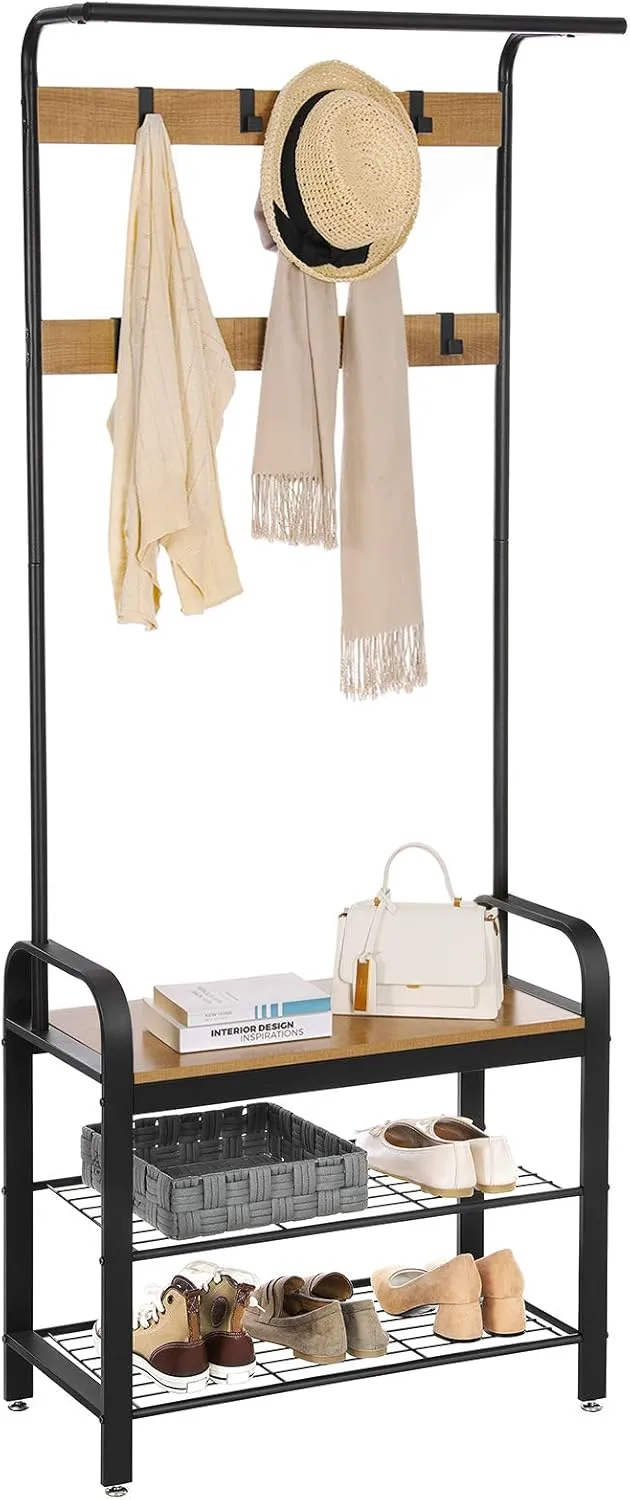 VASAGLE Coat Rack, Hall Tree with Shoe Bench for Entryway, Entryway Bench with Coat Rack, 4-in-1, with 9 Removable Hooks, a Hanging Rod, 13.3 x 28.3 x 72.1 Inches, Honey Brown and Black UHSR040B05