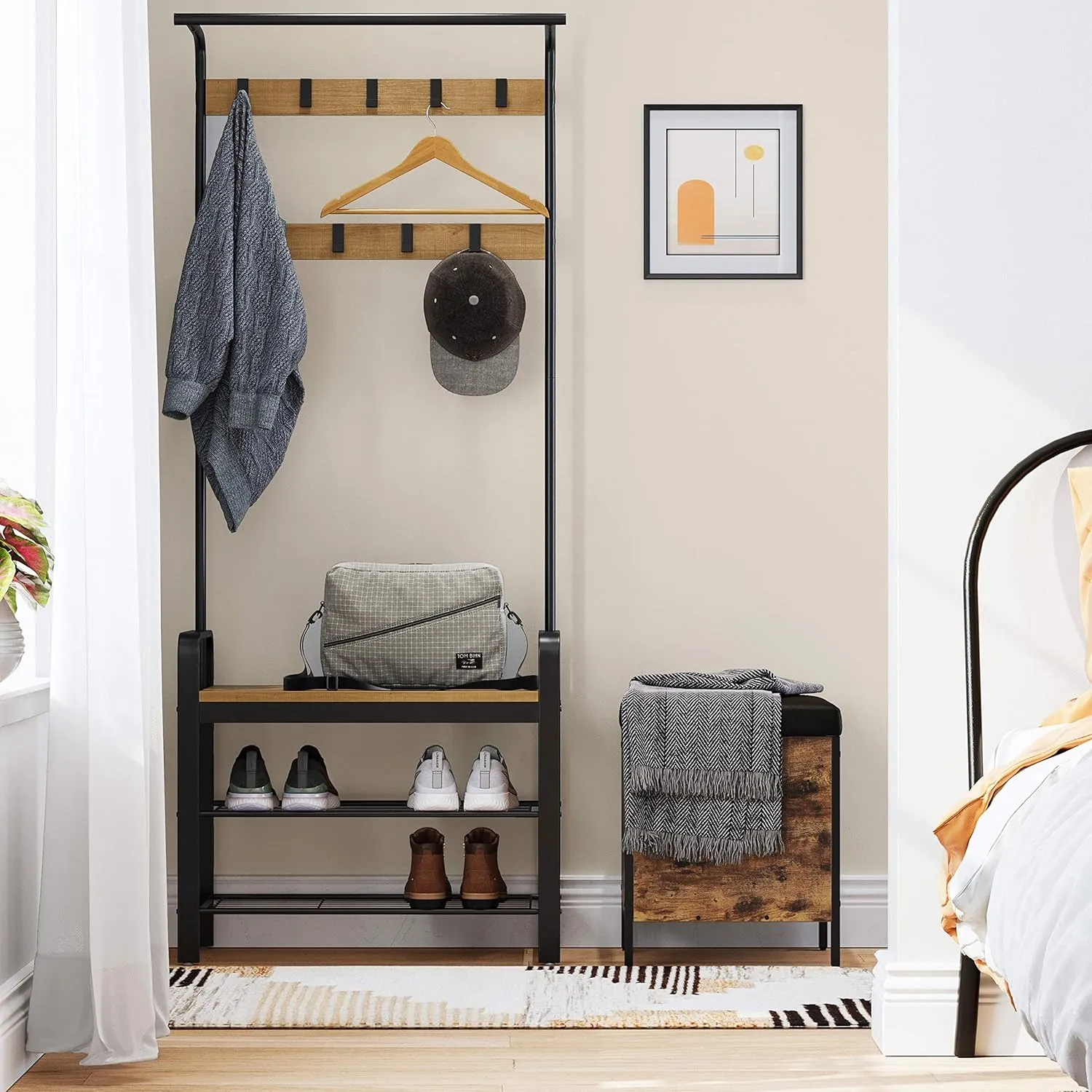VASAGLE Coat Rack, Hall Tree with Shoe Bench for Entryway, Entryway Bench with Coat Rack, 4-in-1, with 9 Removable Hooks, a Hanging Rod, 13.3 x 28.3 x 72.1 Inches, Honey Brown and Black UHSR040B05