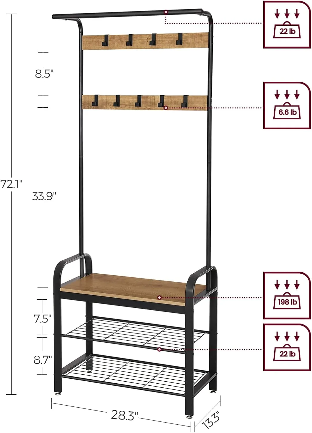 VASAGLE Coat Rack, Hall Tree with Shoe Bench for Entryway, Entryway Bench with Coat Rack, 4-in-1, with 9 Removable Hooks, a Hanging Rod, 13.3 x 28.3 x 72.1 Inches, Honey Brown and Black UHSR040B05