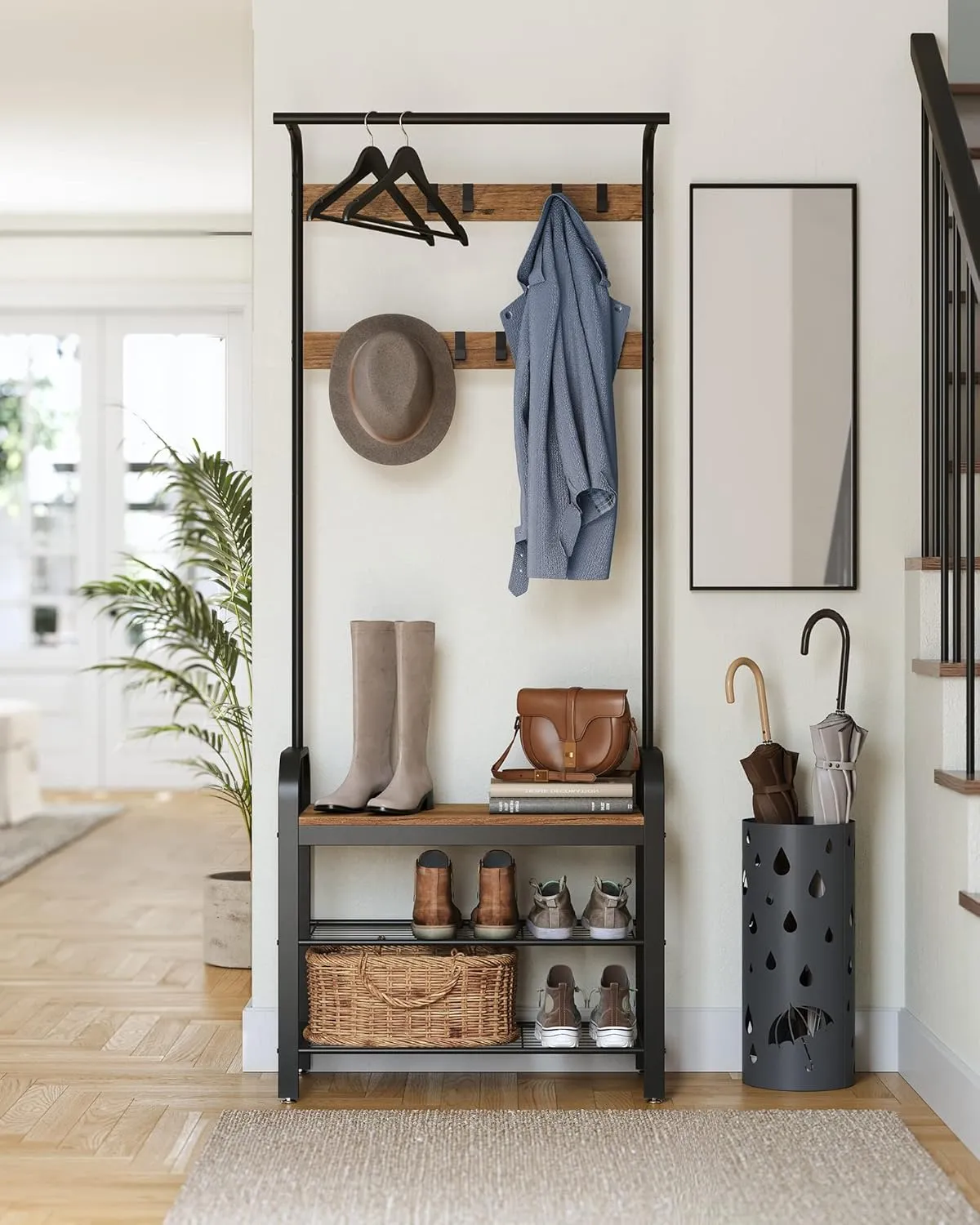 VASAGLE Coat Rack, Hall Tree with Shoe Bench for Entryway, Entryway Bench with Coat Rack, 4-in-1, with 9 Removable Hooks, a Hanging Rod, 13.3 x 28.3 x 72.1 Inches, Rustic Walnut and Black UHSR040B41