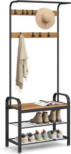 VASAGLE Coat Rack, Hall Tree with Shoe Bench for Entryway, Entryway Bench with Coat Rack, 4-in-1, with 9 Removable Hooks, a Hanging Rod, 13.3 x 28.3 x 72.1 Inches, Rustic Walnut and Black UHSR040B41