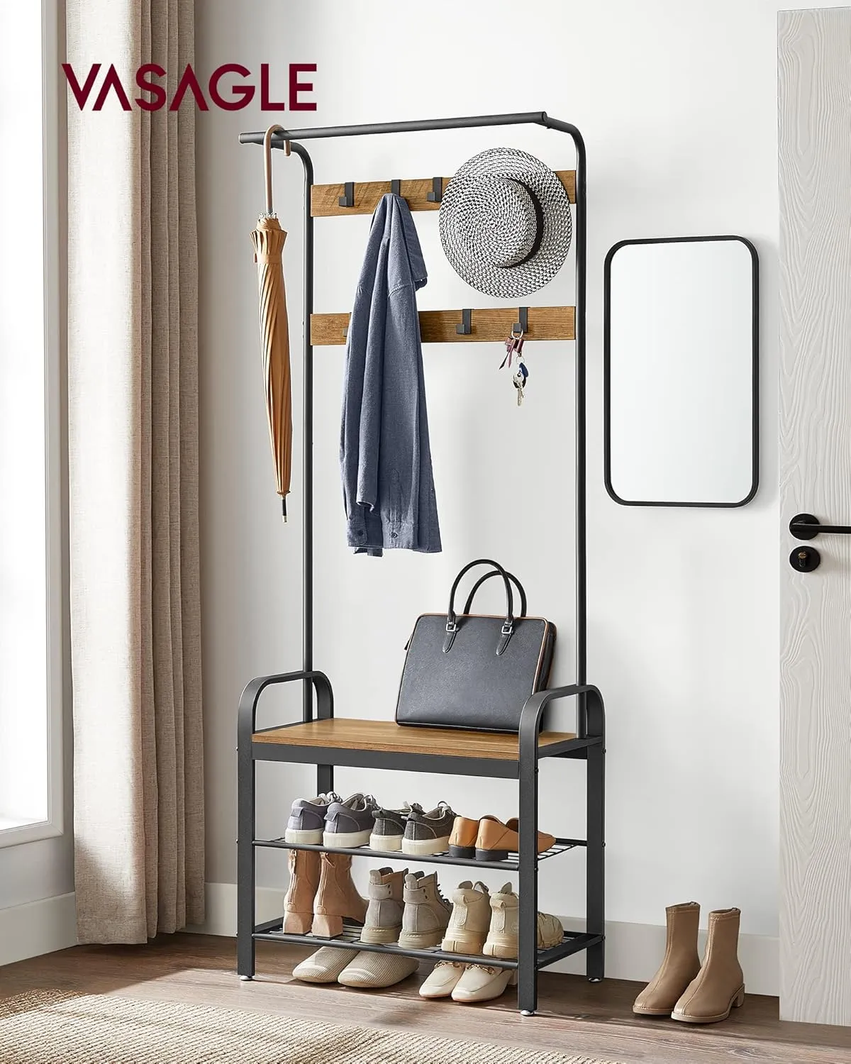 VASAGLE Coat Rack, Hall Tree with Shoe Bench for Entryway, Entryway Bench with Coat Rack, 4-in-1, with 9 Removable Hooks, a Hanging Rod, 13.3 x 28.3 x 72.1 Inches, Rustic Walnut and Black UHSR040B41