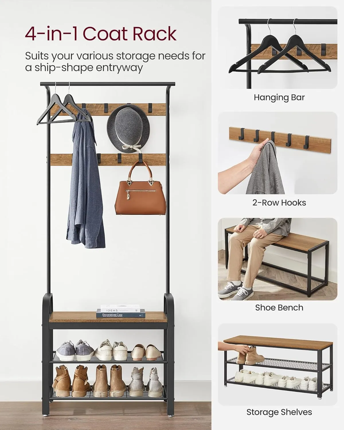 VASAGLE Coat Rack, Hall Tree with Shoe Bench for Entryway, Entryway Bench with Coat Rack, 4-in-1, with 9 Removable Hooks, a Hanging Rod, 13.3 x 28.3 x 72.1 Inches, Rustic Walnut and Black UHSR040B41