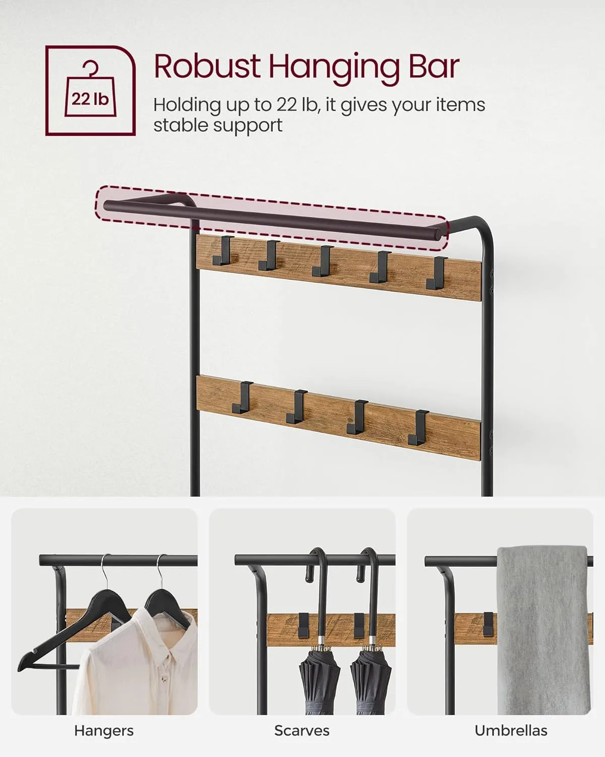 VASAGLE Coat Rack, Hall Tree with Shoe Bench for Entryway, Entryway Bench with Coat Rack, 4-in-1, with 9 Removable Hooks, a Hanging Rod, 13.3 x 28.3 x 72.1 Inches, Rustic Walnut and Black UHSR040B41