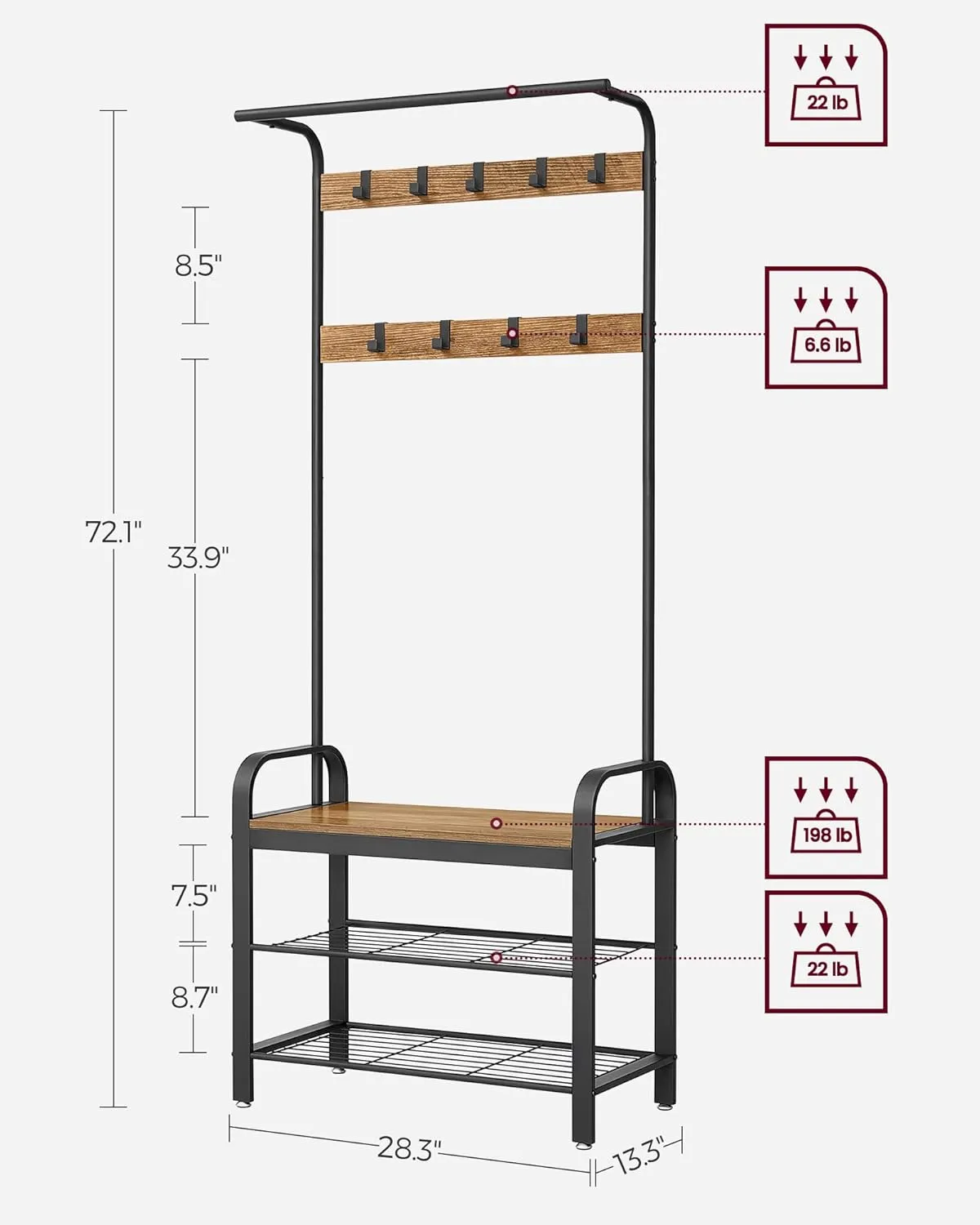 VASAGLE Coat Rack, Hall Tree with Shoe Bench for Entryway, Entryway Bench with Coat Rack, 4-in-1, with 9 Removable Hooks, a Hanging Rod, 13.3 x 28.3 x 72.1 Inches, Rustic Walnut and Black UHSR040B41