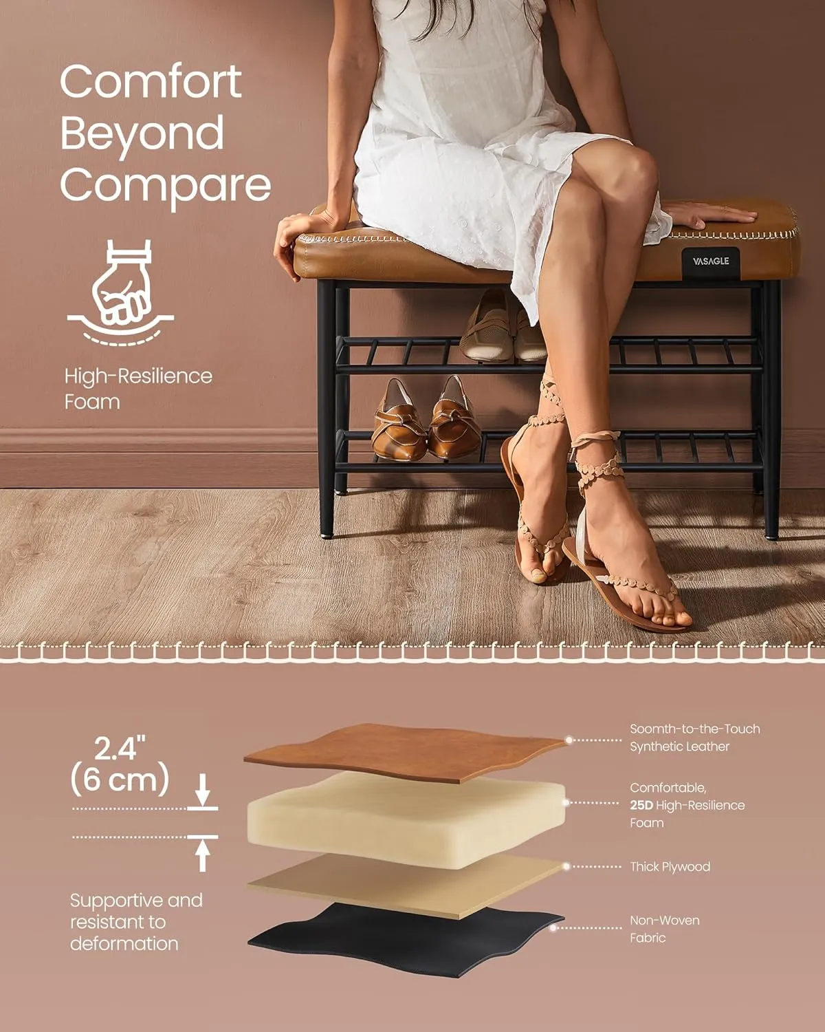 VASAGLE EKHO Collection - Shoe Rack Bench, Storage Bench for Entryway, Synthetic Leather with Stitching, Mid-Century Modern, Loads 300 lb, 11.8 x 31.5 x 19.7 Inches, Caramel Brown ULSB054K01