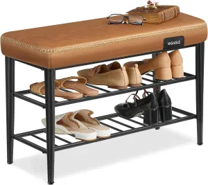 VASAGLE EKHO Collection - Shoe Rack Bench, Storage Bench for Entryway, Synthetic Leather with Stitching, Mid-Century Modern, Loads 300 lb, 11.8 x 31.5 x 19.7 Inches, Caramel Brown ULSB054K01