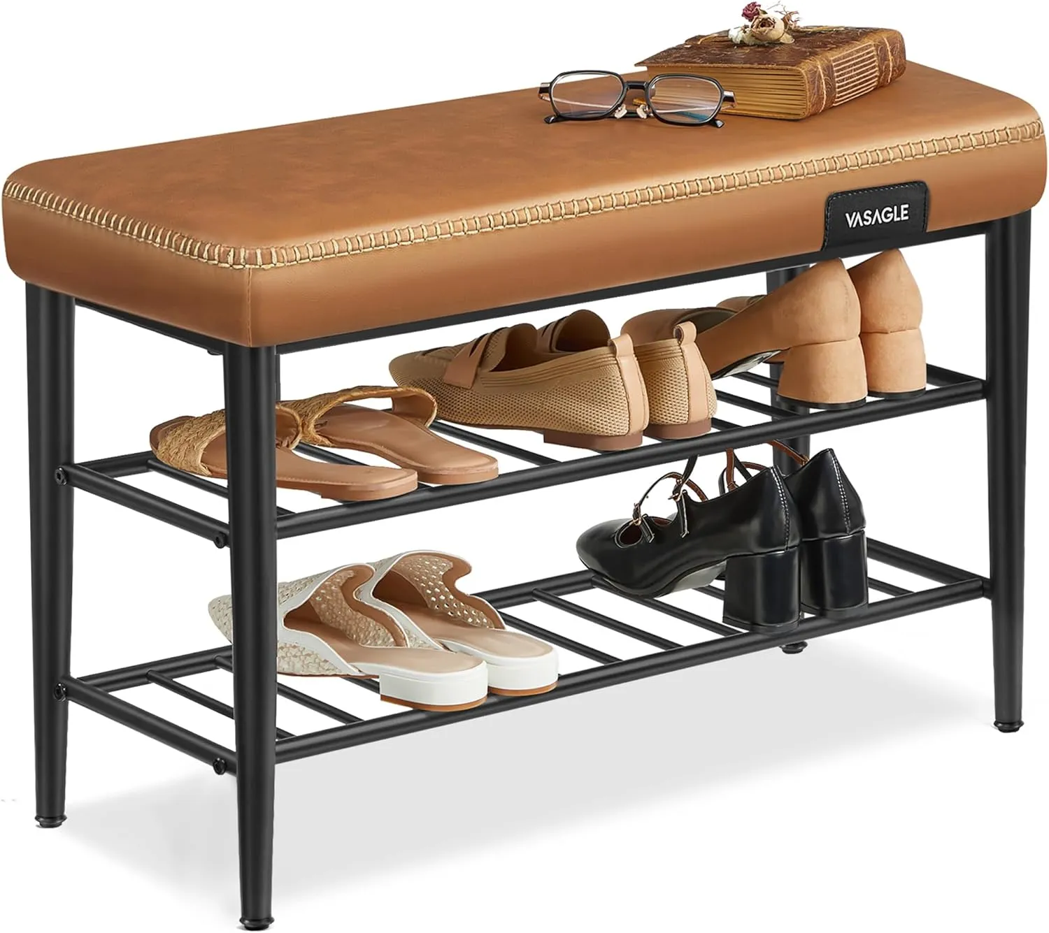 VASAGLE EKHO Collection - Shoe Rack Bench, Storage Bench for Entryway, Synthetic Leather with Stitching, Mid-Century Modern, Loads 300 lb, 11.8 x 31.5 x 19.7 Inches, Caramel Brown ULSB054K01