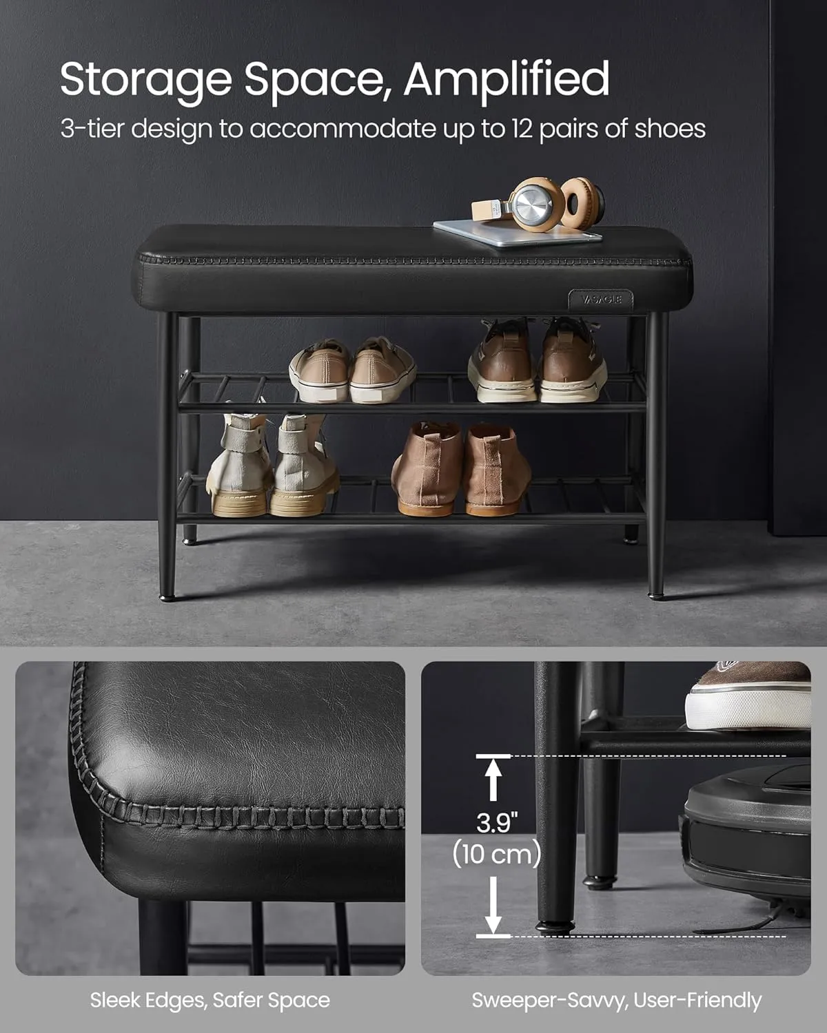 VASAGLE EKHO Collection - Shoe Rack Bench, Storage Bench for Entryway, Synthetic Leather with Stitching, Mid-Century Modern, Loads 300 lb, 11.8 x 31.5 x 19.7 Inches, Ink Black ULSB054B01