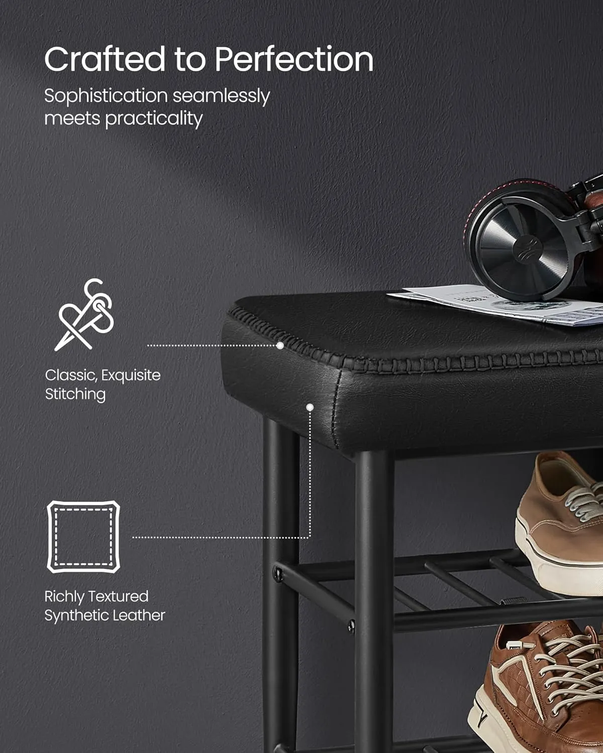 VASAGLE EKHO Collection - Shoe Rack Bench, Storage Bench for Entryway, Synthetic Leather with Stitching, Mid-Century Modern, Loads 300 lb, 11.8 x 31.5 x 19.7 Inches, Ink Black ULSB054B01