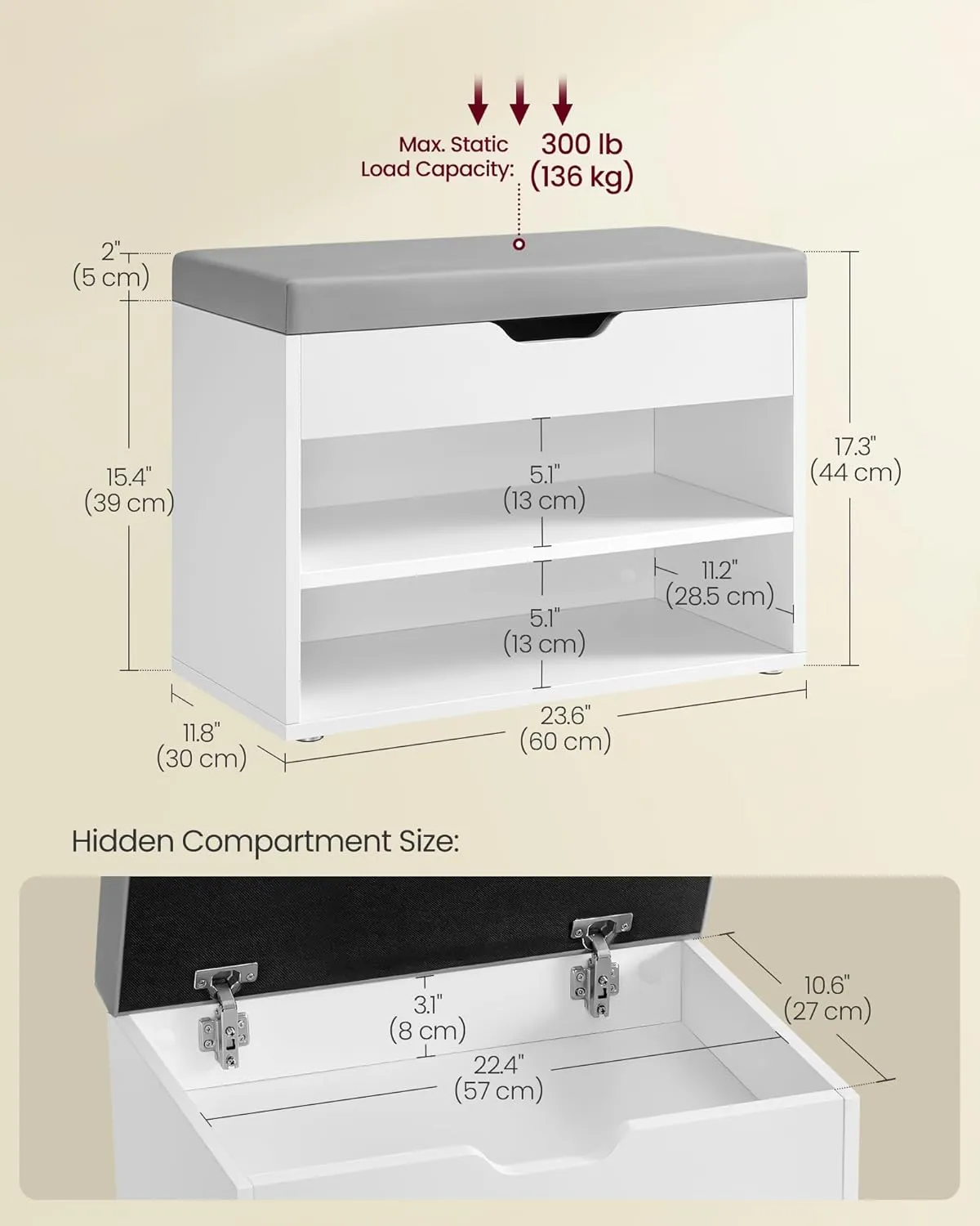 VASAGLE Shoe Bench with Cushion, Storage Bench with Padded Seat, Entryway Bench with 3 Storage Compartments, 11.8 x 23.6 x 17.3 Inches, for Bedroom, Living Room, Cloud White ULHS020W01