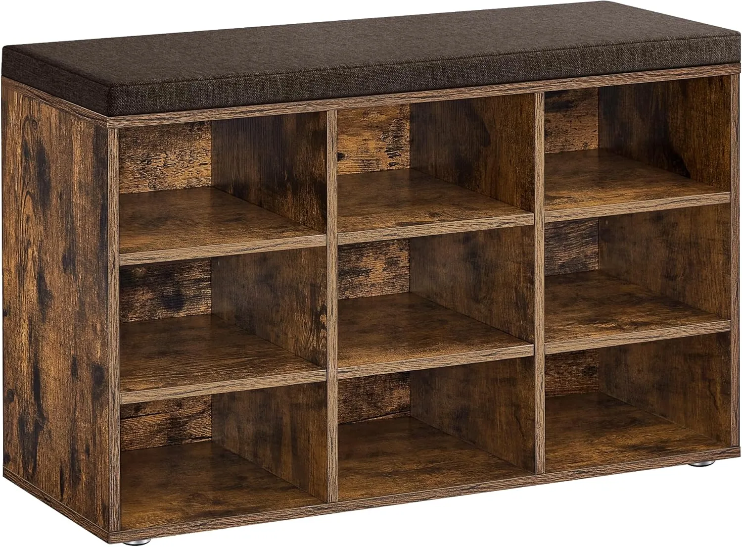 VASAGLE Shoe Bench with Cushion, Storage Bench with Padded Seat, Entryway Bench with 9 Compartments, for Bedroom, 11.9 x 30.9 x 18.9 Inches, Rustic Brown and Chestnut Brown ULHS009B01