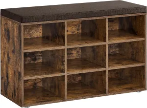 VASAGLE Shoe Bench with Cushion, Storage Bench with Padded Seat, Entryway Bench with 9 Compartments, for Bedroom, 11.9 x 30.9 x 18.9 Inches, Rustic Brown and Chestnut Brown ULHS009B01