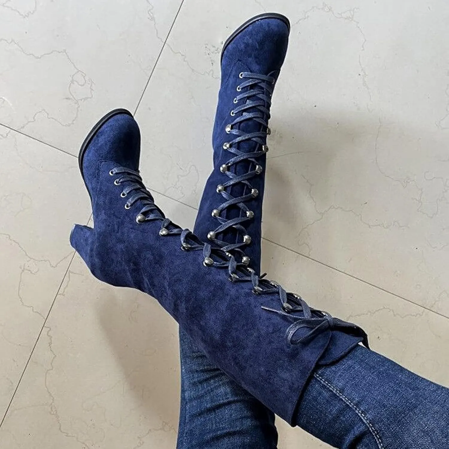 Victorian Boots for Women Medieval Vintage Chunky Heel Boots Fall Winter Suede Lace Up Mid Calf Boot Goth Steampunk Halloween