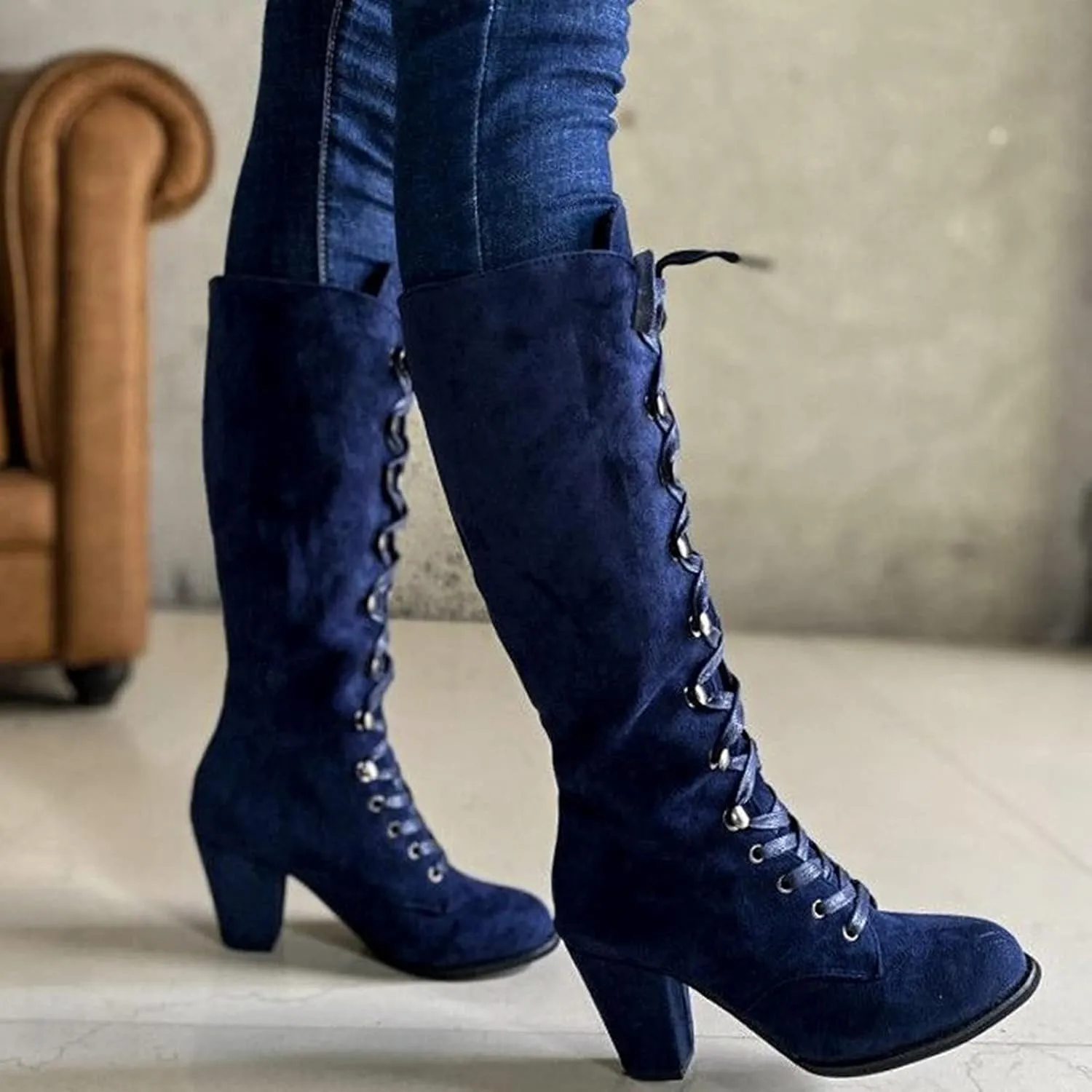 Victorian Boots for Women Medieval Vintage Chunky Heel Boots Fall Winter Suede Lace Up Mid Calf Boot Goth Steampunk Halloween