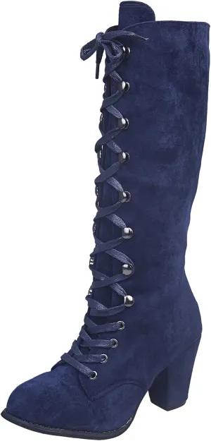 Victorian Boots for Women Medieval Vintage Chunky Heel Boots Fall Winter Suede Lace Up Mid Calf Boot Goth Steampunk Halloween