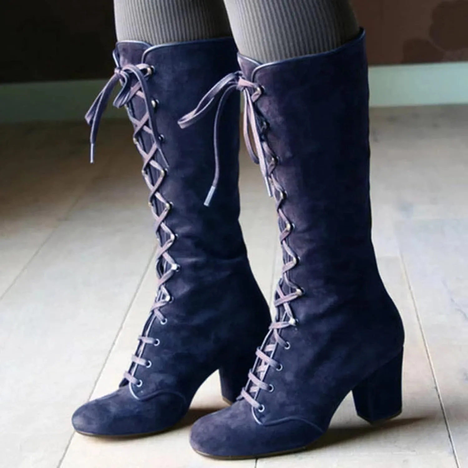 Victorian Boots for Women Medieval Vintage Chunky Heel Boots Fall Winter Suede Lace Up Mid Calf Boot Goth Steampunk Halloween