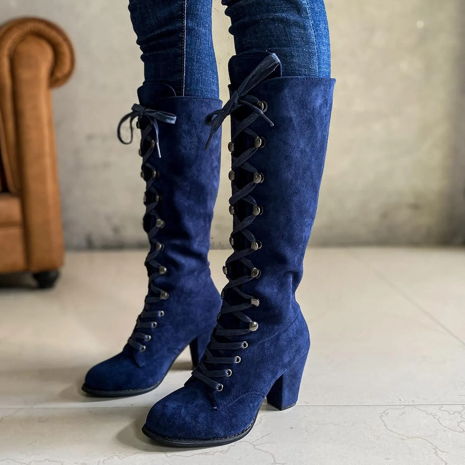 Victorian Boots for Women Medieval Vintage Chunky Heel Boots Fall Winter Suede Lace Up Mid Calf Boot Goth Steampunk Halloween