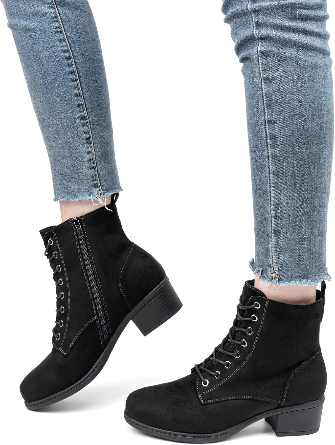 VJH confort Women's Fashion Ankle Boots Low Heels Chunky Lace-up Combat Bootie with Side Zipper