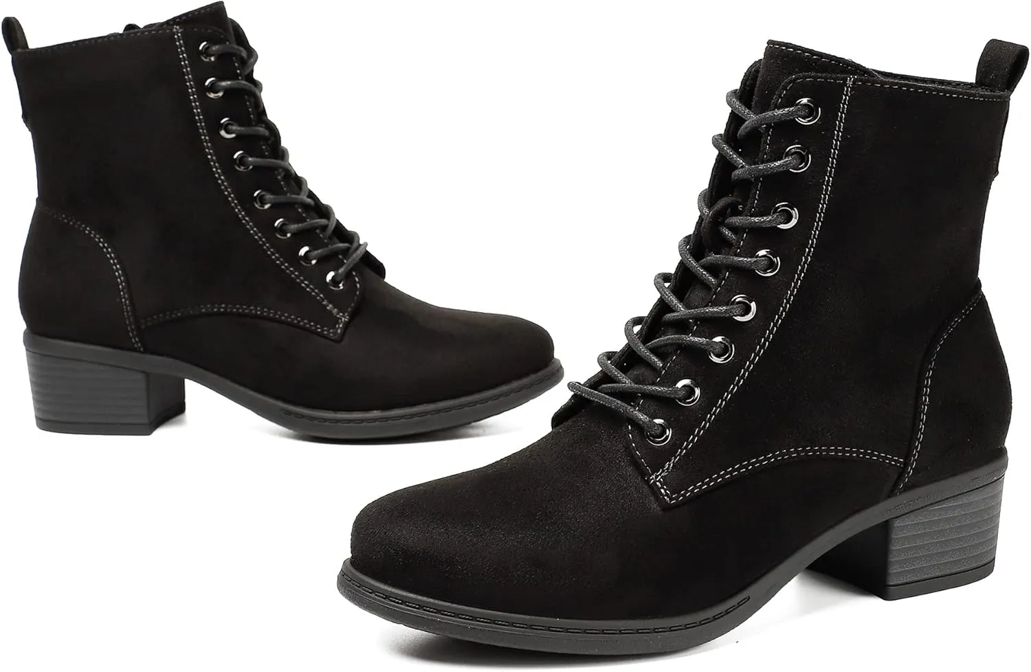 VJH confort Women's Fashion Ankle Boots Low Heels Chunky Lace-up Combat Bootie with Side Zipper
