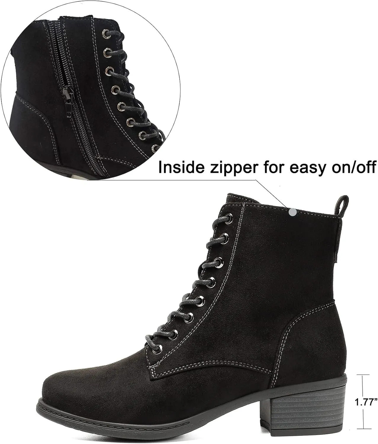 VJH confort Women's Fashion Ankle Boots Low Heels Chunky Lace-up Combat Bootie with Side Zipper