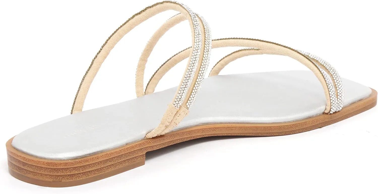 vodvob Women's Rhinestone Flat Sandals Slip on Memory Foam Sandals Open Toe Slide Sandals