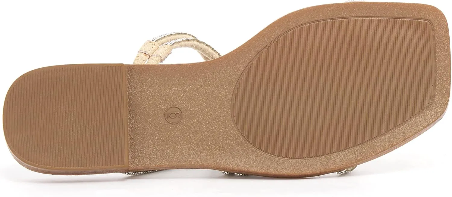 vodvob Women's Rhinestone Flat Sandals Slip on Memory Foam Sandals Open Toe Slide Sandals
