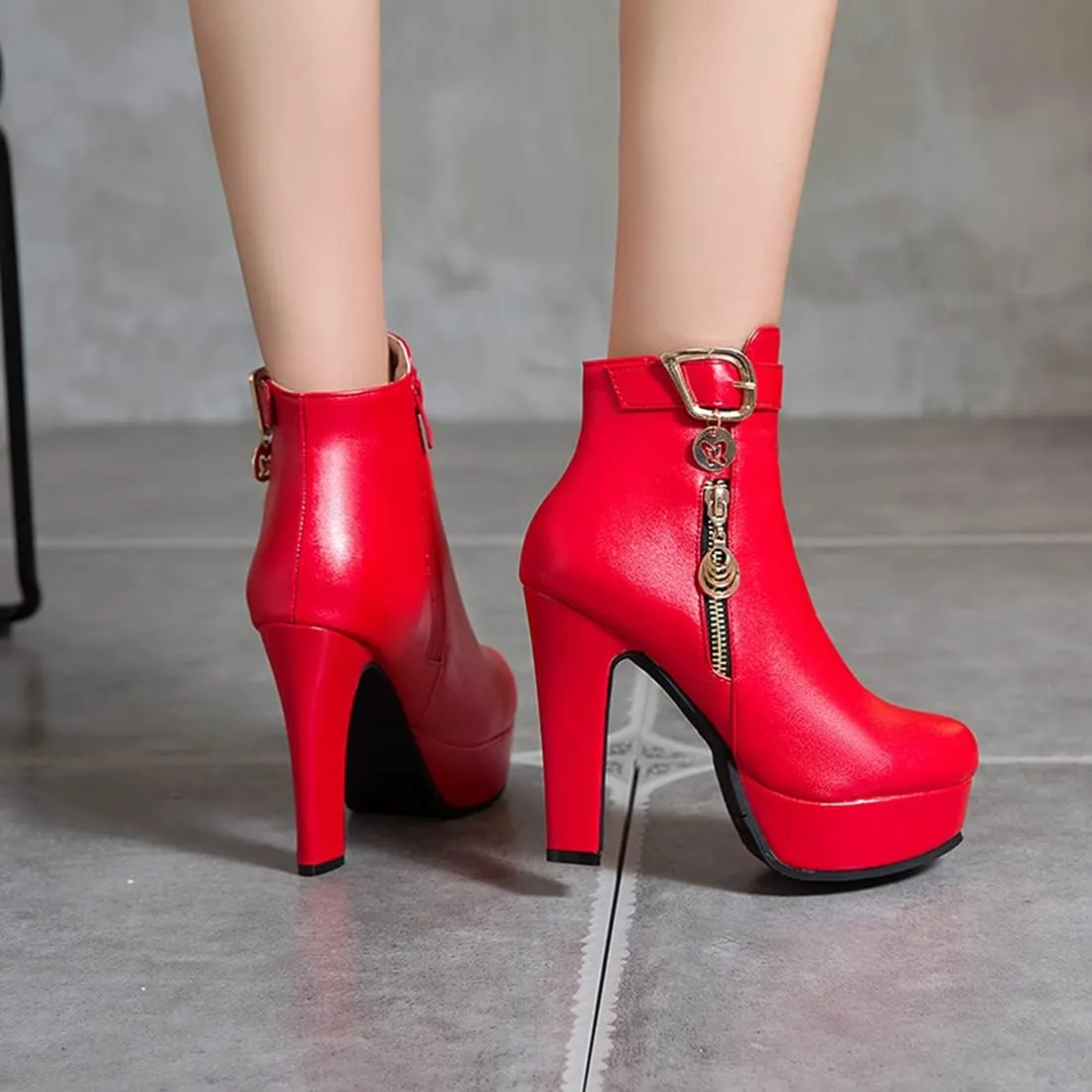 VOKLIN Women's Fashion Buckle Platform Block High Heel Ankle Boots Round Toe Side Zipper Dress Short Booties